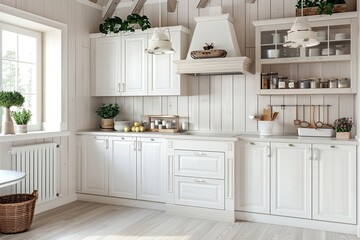 White kitchen interior with cabinets and sink, Generative AI