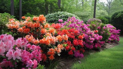 Fototapeta premium Azaleas, blooming in shades of coral and magenta, brightening Easter gardens and landscapes with their lush, vibrant blooms