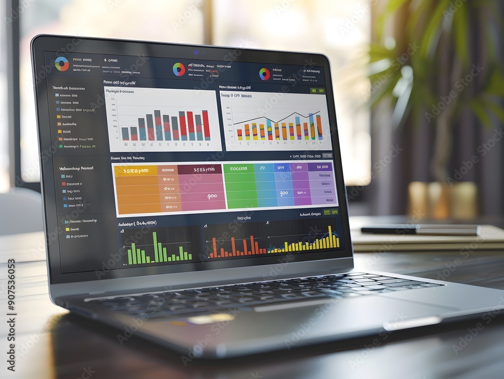 Poster laptop with data analysis on screen