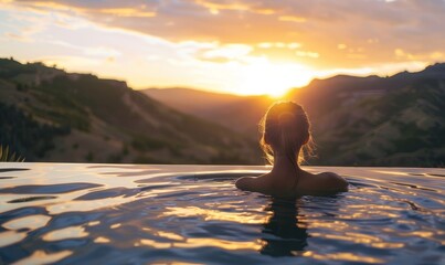 A woman enjoys a serene bath in a pool with a mountain backdrop during sunset. Generative AI
