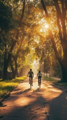 Couple cycling through a tree-lined path at sunset.