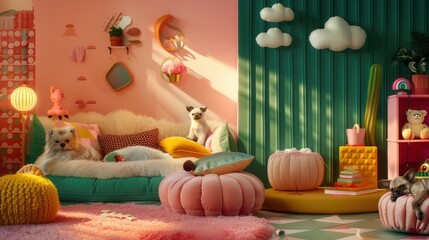 Two Dogs Relaxing in a Playful and Colorful Living Room.