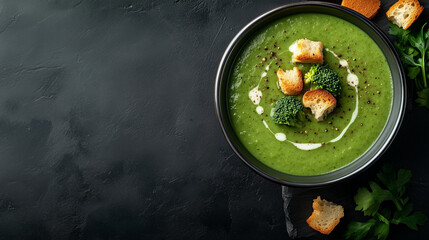 A ceramic bowl of creamy broccoli soup, topped with sour cream and crispy croutons, sits against a dark background.
