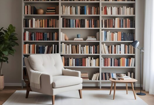 Fototapeta A cozy living room with a comfortable armchair in front of a large bookshelf filled with books