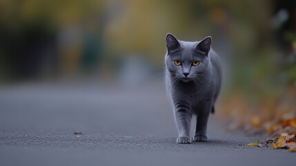 A gray cat found on the road is wandering in search of its owner or a place where it could find shelter.
