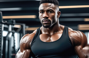 Fototapeta premium black bodybuilder flexes muscles in gym, showcasing powerful physique. Sports and fitness training