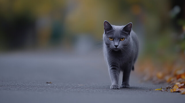 A gray cat found on the road is wandering in search of its owner or a place where it could find shelter.