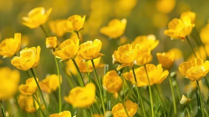 Obraz premium Buttercups, with their bright yellow, cup-shaped blooms that dot fields and meadows with cheerful color as spring arrives.