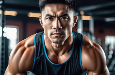 Fototapeta premium muscular Asian man showing off his strong physique in gym. sport exercises, bodybuilding