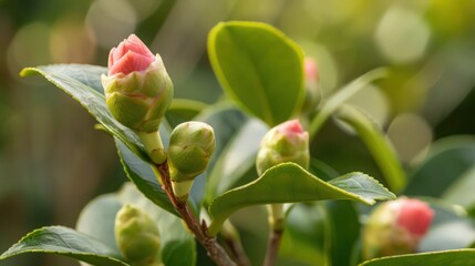 Camellia buds, resembling small promises of elegance and sophistication in the early spring garden.