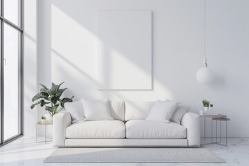 Fototapeta premium White living room interior with sofa and blank wall, Generative AI