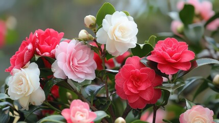 Camellias, with their glossy green leaves and exquisite flowers in shades of red, pink, and white, gracing Easter gardens and bouquets