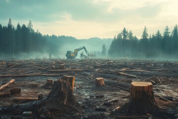 Misty Forest Clearing with Active Logging Equipment