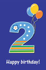 Happy Birthday. Celebration blue background with number two, balloon and place for your text. Vector illustration 