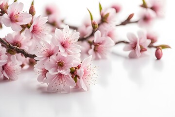 Obraz premium Pink flowering almond flowers white background, AI Generated