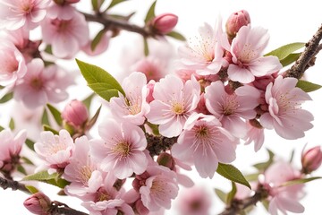 Fototapeta premium Pink flowering almond flowers white background, AI Generated