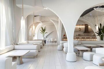 White restaurant interior with arches and sofas, Generative AI