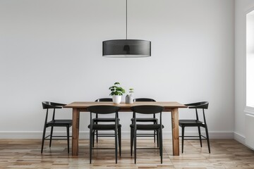 Modern dining room interior with a wooden table, black chairs, and a pendant lamp. Black and white background, minimalist concept. 3D Rendering, Generative AI