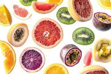 Vibrant assortment of sliced citrus fruits and kiwis, showcasing their colorful and juicy insides on a white background.