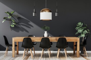Modern dining room interior with a wooden table, black chairs, and a pendant lamp. Black and white background, minimalist concept. 3D Rendering, Generative AI