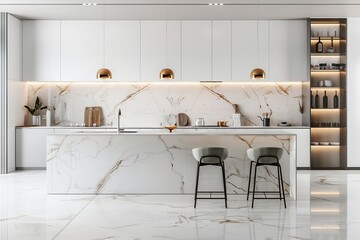 Light kitchen interior with bar countertop and cooking area, window. Empty wall, Generative AI