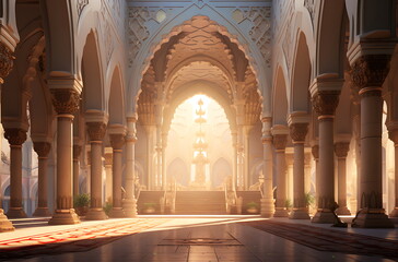 Majestic mosque interior with golden lighting
