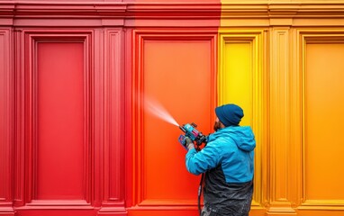 Man Painting a Wall with a Spray Gun