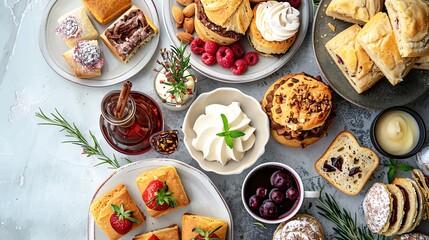 Vegan High Tea Assortment Assortment of vegan high tea treats like scones, finger sandwiches, and pastries, perfect for elegant tea parties and high teathemed designs