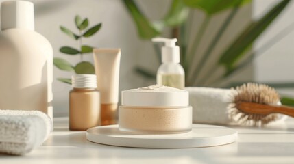 Serene Spa Essentials: Minimalist skincare routine with natural cosmetics in warm sunlight, embracing tranquility and self-care.