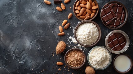 Vegan Dessert Ingredients Ingredients for decadent vegan desserts such as coconut milk, dark chocolate, and almond flour, ideal for sweet indulgence and dessert recipe backgrounds