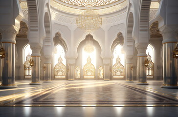 Majestic mosque interior with golden lighting