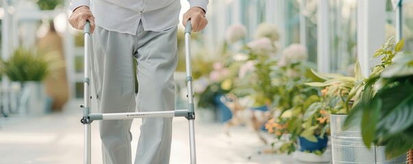 Close-up of a senior person using a walker in a bright greenhouse, surrounded by various plants and flowers.