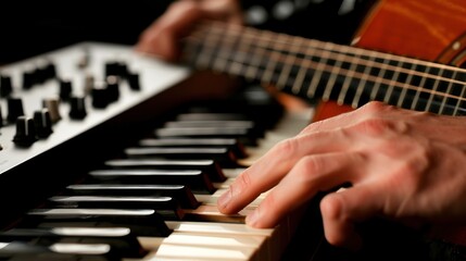 Close-up of a hand playing a keyboard.