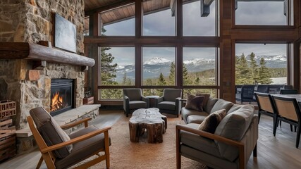 Fototapeta premium A cozy mountain cabin with a stone fireplace, wooden furniture, and large windows offering a stunning view of snow-capped peaks and pine forests., photo, cinematic, architecture