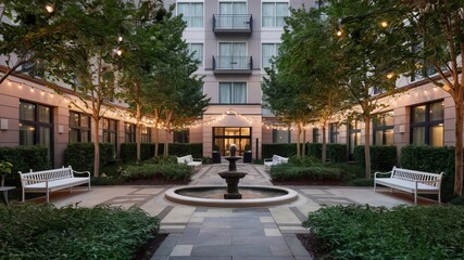 Fototapeta premium A peaceful hotel courtyard with a fountain, lush greenery, comfortable benches, and string lights creating a magical evening setting.