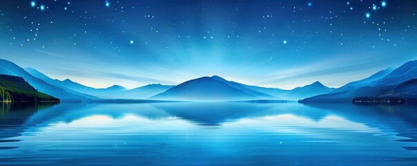 Serene landscape featuring a tranquil lake reflecting the twilight sky and mountains under a starry night.