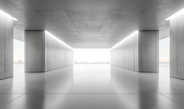 3d render of abstract futuristic glass architecture with empty concrete floor, Generative AI