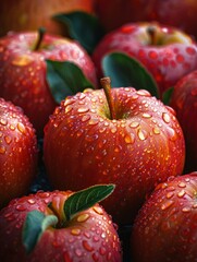 Food photography, many apples with water drops, delicious apples, HD, ultra high resolution, exquisite details 