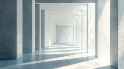 Fototapeta premium Abstract of architecture space with rhythm of concrete block with sun light cast shadow on the wall. Cement texture. 3D rendering, Generative AI