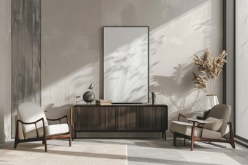 Stylish relax room interior with armchairs and sideboard, mockup frame, Generative AI