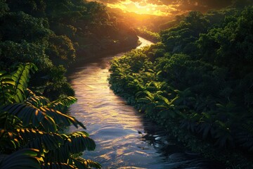 Sunlit River Winding Through Lush Green Jungle Canopy