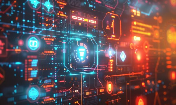 Glowing risk management hologram with safety icons and indicators, Generative AI