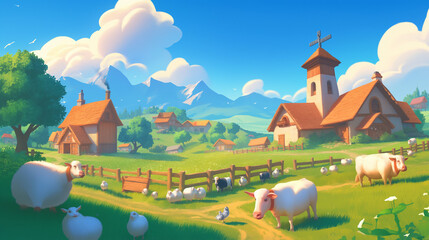  Pictures of farm animals like cows, sheep, and chickens in picturesque farm settings, interacting with farmers or grazing in fields