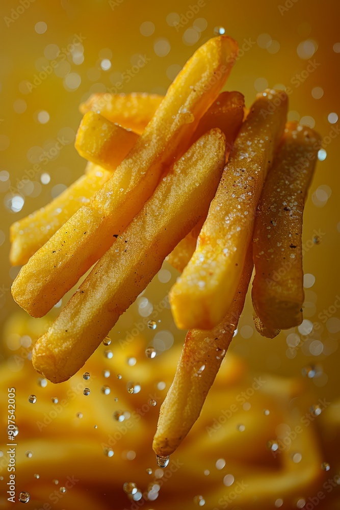 Poster four chips hang in the air, each appetizing, against a yellow background