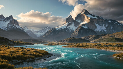 Majestic Mountain Peaks and Turquoise River in South America: Pristine Wilderness Landscape