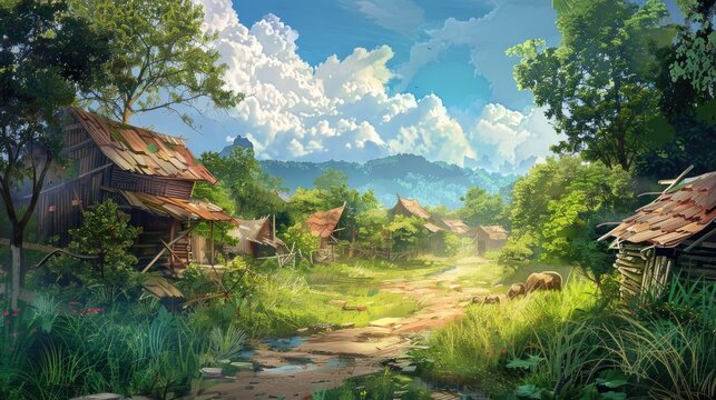 Rural Village Scene with Text Space