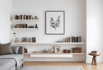 Minimalist living room with white walls, a floating shelf displaying books and decorative objects, and an empty framed artwork on the wall