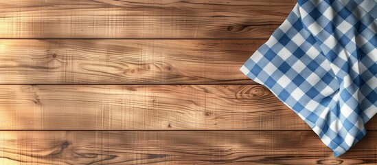 A brown wooden table with a vintage blue and white chequered tablecloth, perfect for rustic kitchen settings and retro picnic themes. Ideal for menu designs and home dining.