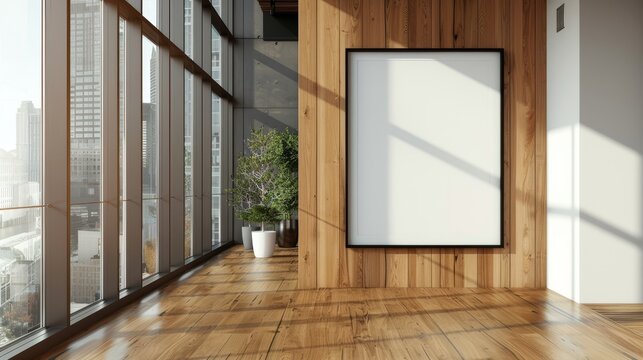 An empty framed poster on a wooden wall in a modern, well-lit office hallway with large windows, Generative AI