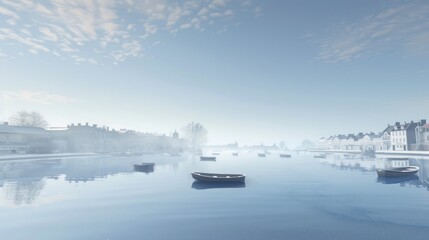 Serene waterfront with boats and fog.